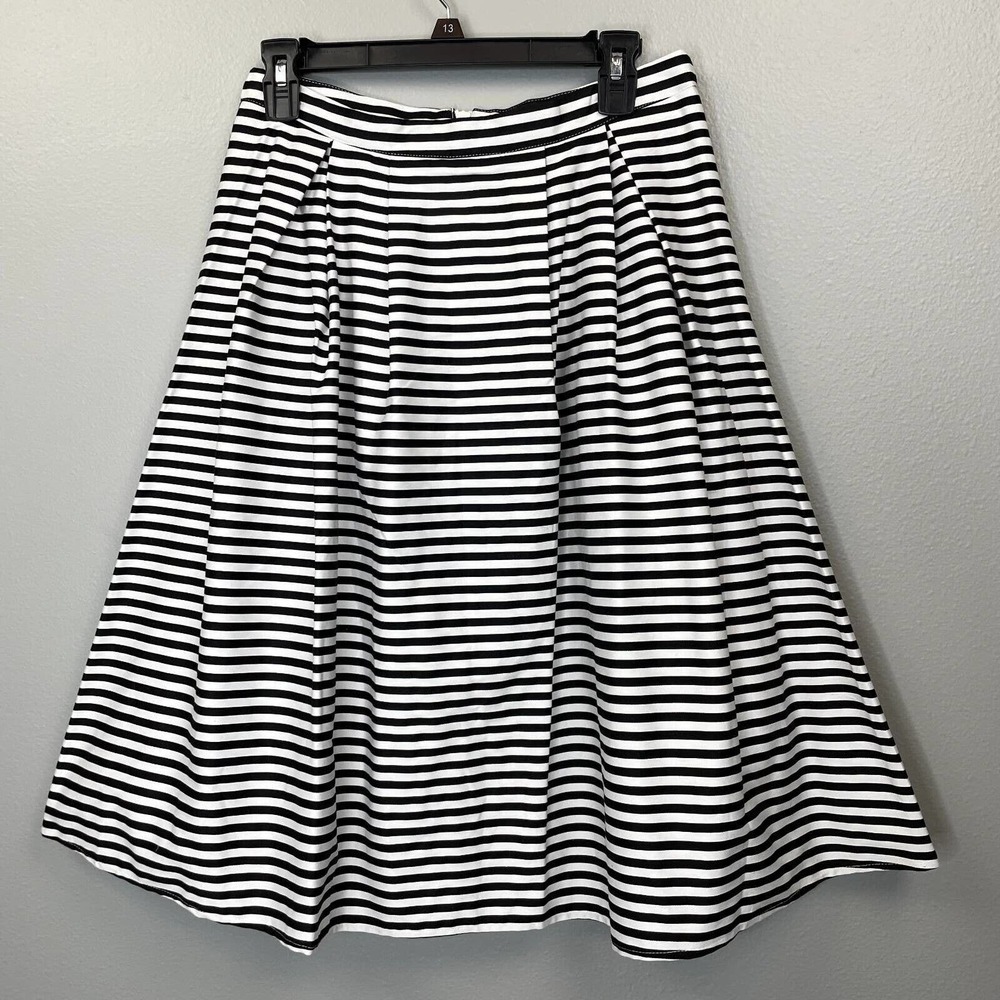 Lulus Womens Flare Skirt Black White Stripe Cotton Blend Stretch Pleated Large